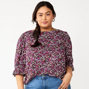 DRAPER JAMES RSVP Cinched Elbow Sleeve Top, Plum Multi Floral, Size 1X